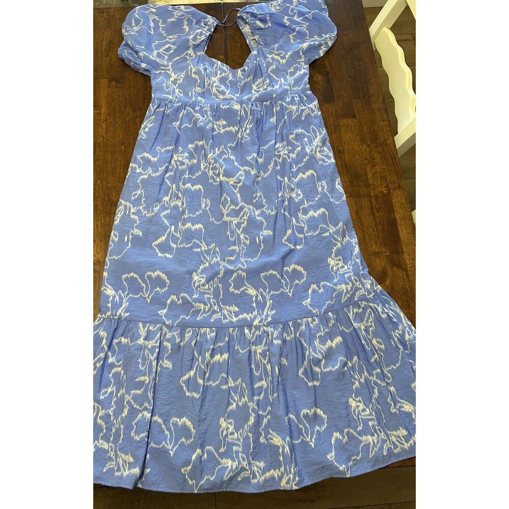 Nine West Women's XXL Blue/White Floral Smocked Square Neck Puff Sleeve Maxi